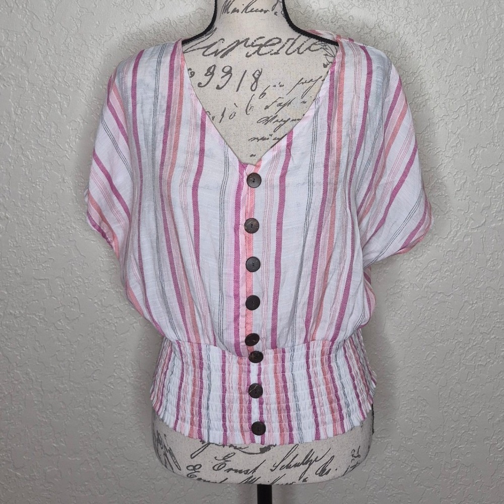 Fred David Pink Striped V-Neck Smocked Waist Blouse Medium